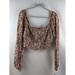 Puff Long Sleeve Milk Maid Top Smocked Wild Fable Brown Floral XXL Square Casual